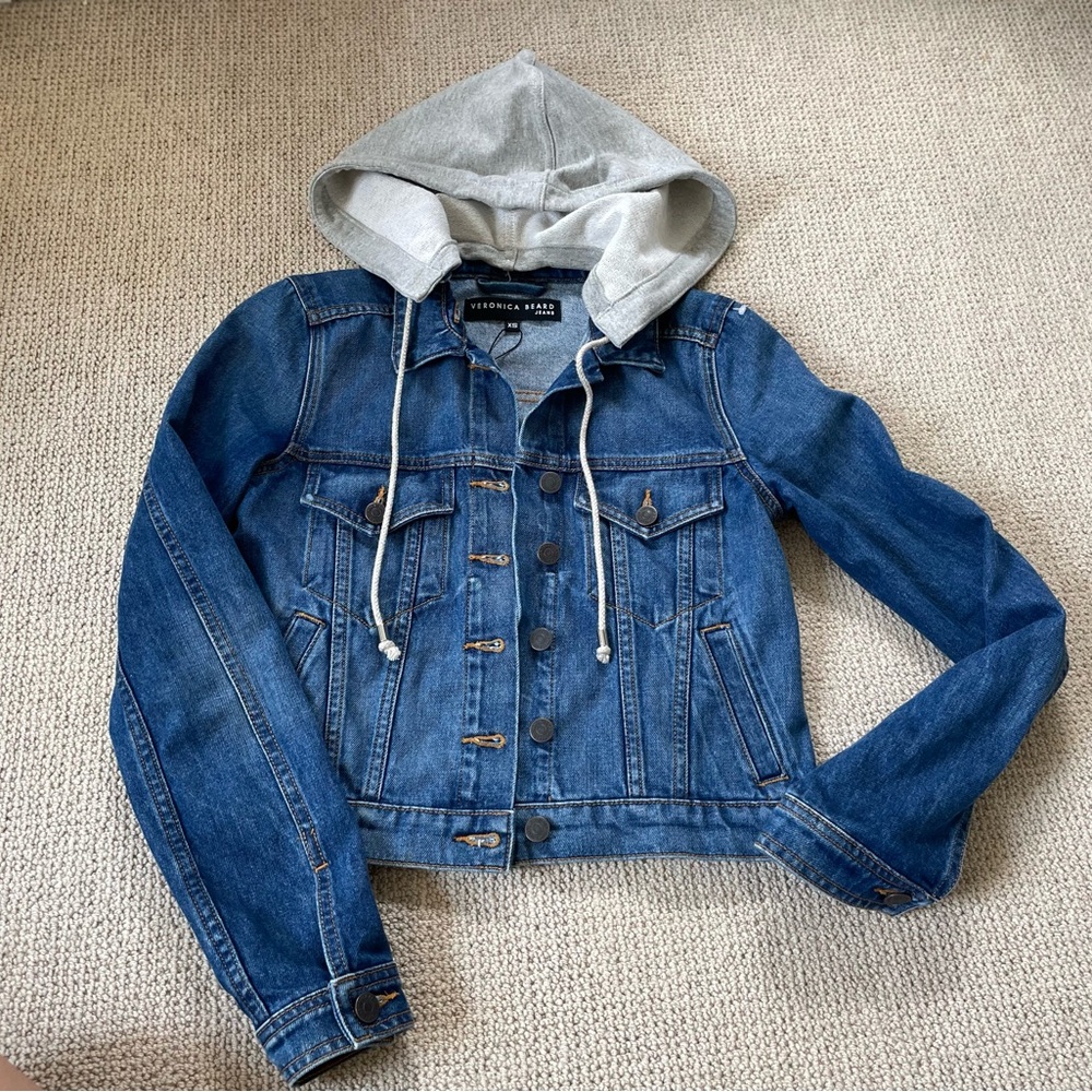 Veronica Beard Cara Cornflower Blue Jean Jacket with Gray Hood- XS